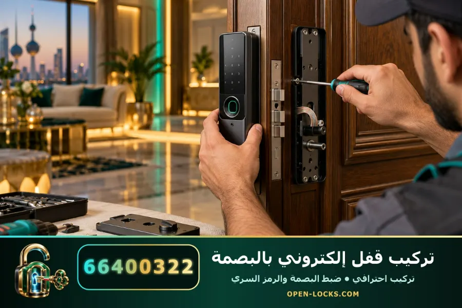 فني أوبن لوكس يركب قفل باب إلكتروني بالبصمة في شقة بالكويت
